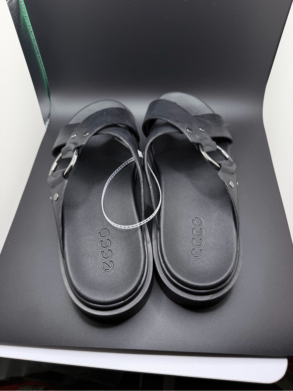 Ecco Black Leather Cross-Strap Slide Sandals NWOB - Picture 6 of 15